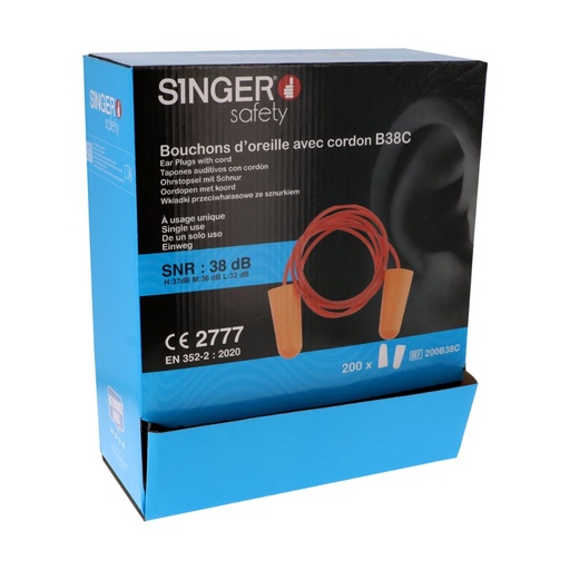 Bouchons d'oreille PU orange, SNR 38dB (boîte de 200 paires) – Singer 200B38C
