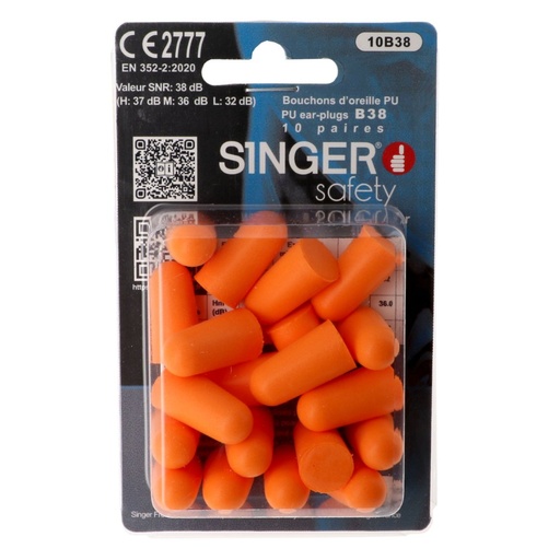 [SI-10B38] Bouchons d'oreille PU orange, SNR 38dB (boîte de 10 paires) – Singer 10B38