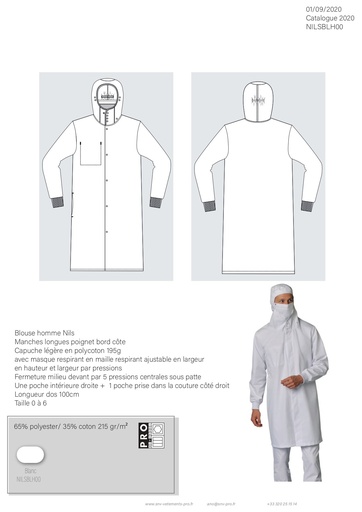 Blouse mixte manches longues à pressions Nils polycoton – SNV NILSBLH